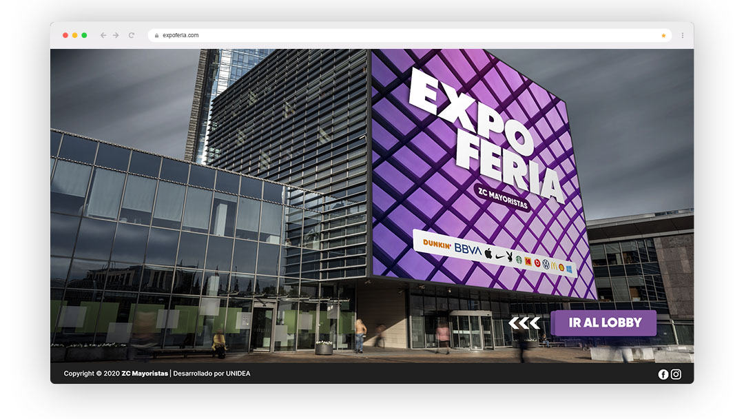 Vestíbulo de entrada El vestíbulo de entrada será el punto central de navegación para que cada visitante pueda pasear la feria virtual y poder así ir a cada stand, sala de negocio, auditorio, obtener información de contacto de expositor